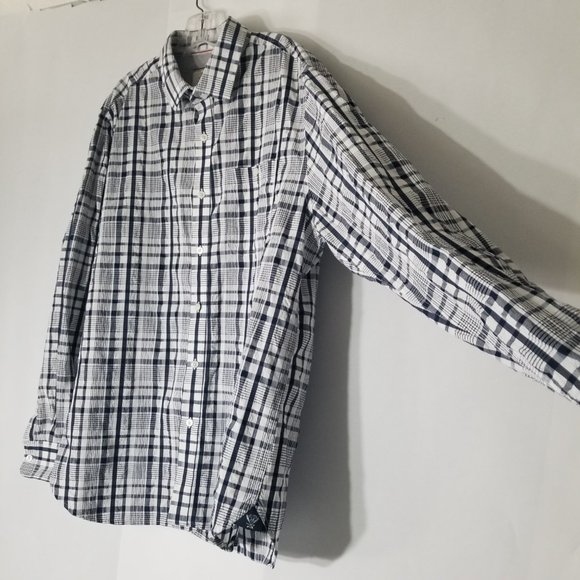 Flag & Anthem Mens XL Plaid Pattern Navy Blue White Button Down Shirt Pocket - Picture 5 of 16